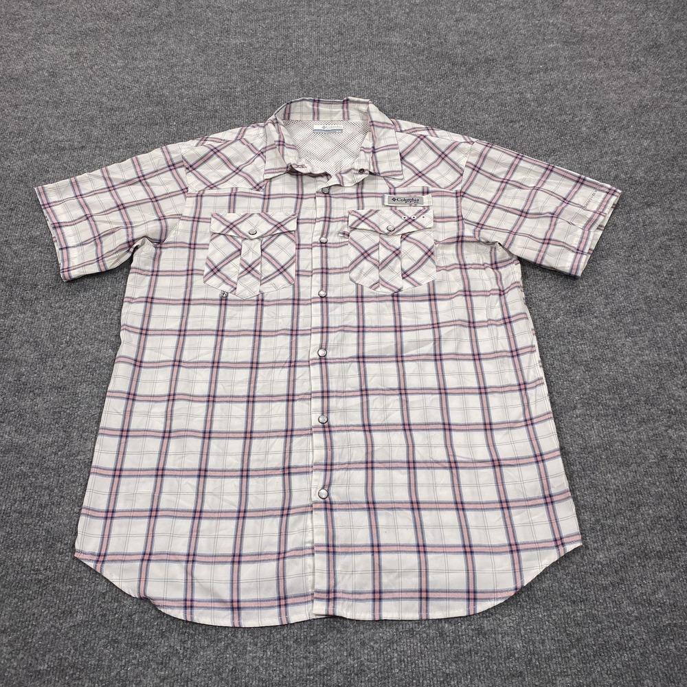 Columbia Shirt Mens Medium White Plaid Short Sleeve Button Up PFG Pockets Lined